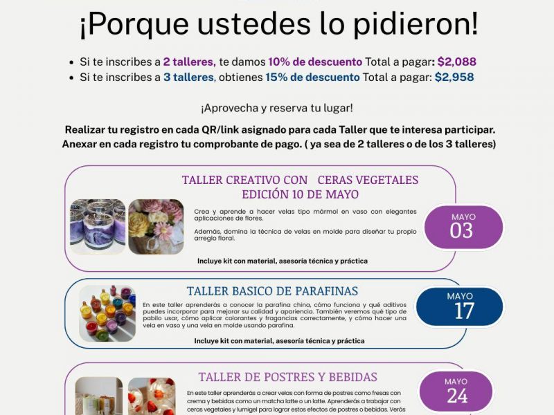 ¡PORQUE USTEDES LO PIDIERON! DESCUENTOS EN NUESTROS TALLERES.